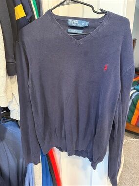 Polo by Ralph Lauren Navy V-Neck Sweater with Red Pony small stain